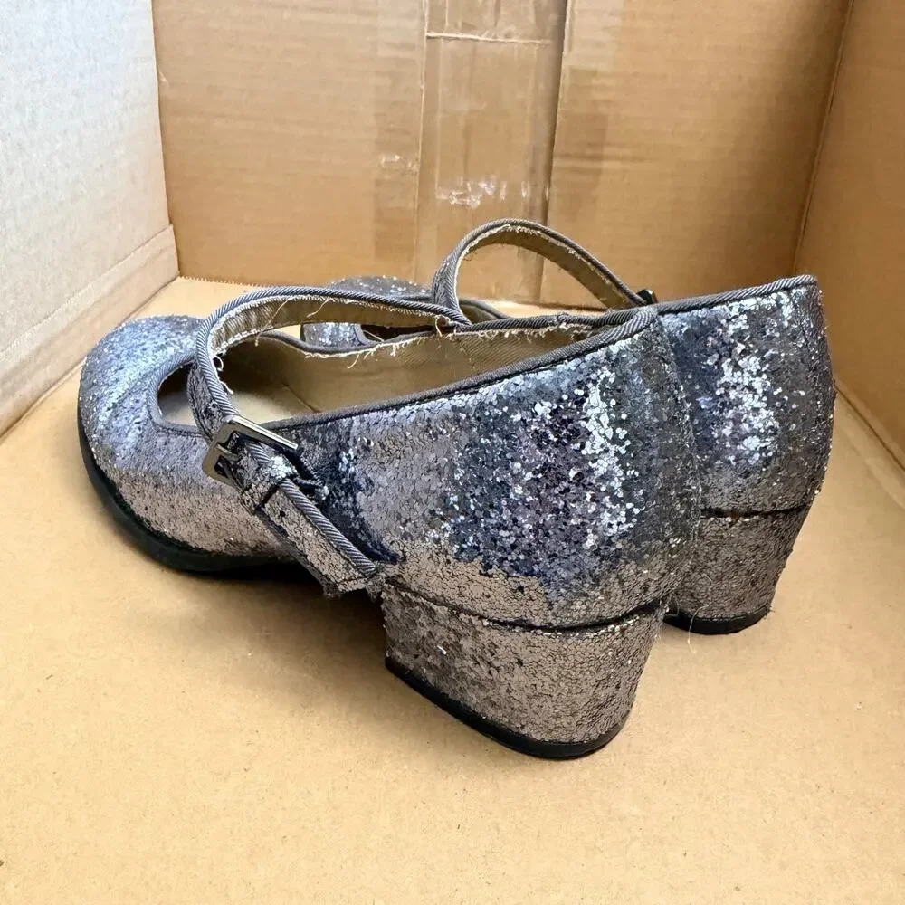 Old Navy Girls High Heel Mary Jane Dress Shoes Silver Glitter Buckle Strap Sz 3